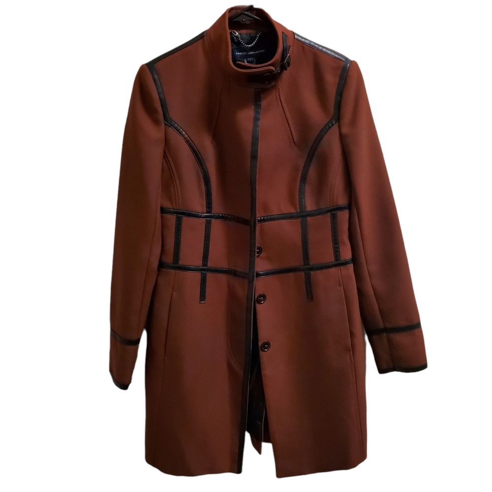 French Connection Wool Blend Jacket High Neck Buckle Detail Buttons Size 6 US